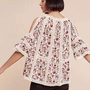 Anthropologie Bell Sleeve Open Shoulder Lace Floral Top Size L thumbnail 2