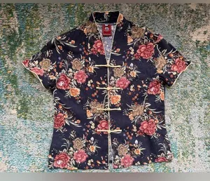 Vintage Asian inspired floral button front blouse, size medium Blue thumbnail 1