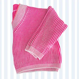Pink and White Striped V-Neck Knit Sweater w Relaxed Boxy Fit LG/OS thumbnail 3
