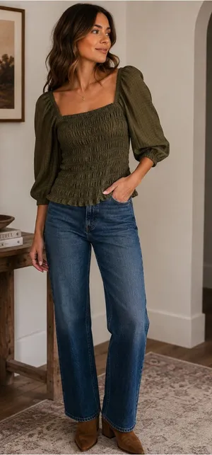 Old Navy Moss Green Smocked Puff Sleeve Top Size XL Fall Boho thumbnail 1