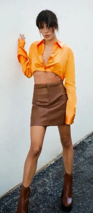 ZARA Brown Vegan‎ Faux Leather Pronounced Seams High Waisted Mini Skirt Size XXL thumbnail 1