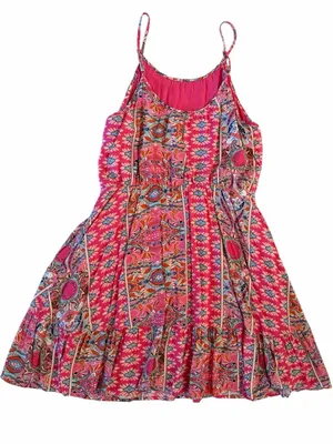 Boho Pink Paisley Tiered Mini Dress // Vibrant Summer Solstice Vibe M thumbnail 3
