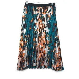Kosmios Women Teal Orange Abstract Digital Print Pleated Midi Skirt TC5226 Large thumbnail 3