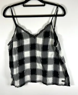 Victoria’s Secret Checkered‎ Lace Camisole Cami Sz L Black White Flannel Shimmer thumbnail 1