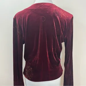Clio Vintage Y2K Burgundy Velvet Floral Faux Wrap Top L thumbnail 2