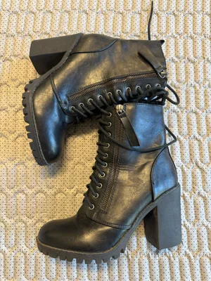 Soda Black Lace-Up Combat Moto Boots thumbnail 2