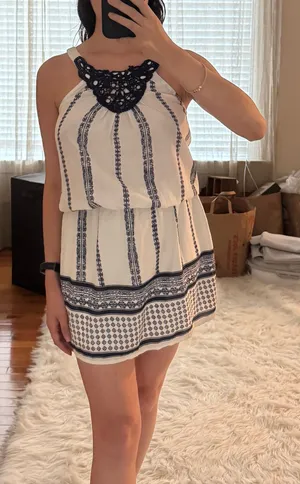 White and Navy Pattern Halter Mini Dress thumbnail 1