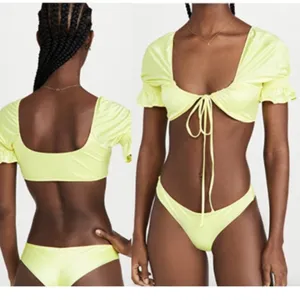 NWOT Frankie’s Bikinis x Naomi Osaka lemon drop Carly puffy sleeve bikini top M thumbnail 4