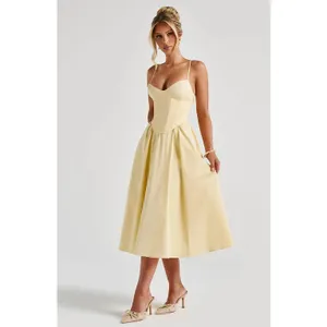 NWT Babyboo Mariella Lemon Yellow Lace Up Corset Fit & Flare Midi Dress Size XS thumbnail 3