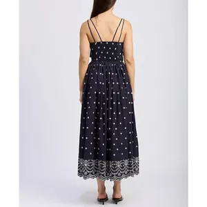 En Saison Womens Midi Dress Size S Navy White Cotton Embroidered Hem Tie-Straps thumbnail 2