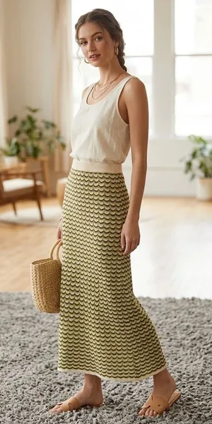 Cider‎ Women Green Brown Chevron Crochet Knit Maxi Skirt Retro Boho Small thumbnail 1