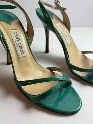 Jimmy Choo Green Patent Leather Strappy Slingback Stiletto Sandals Size 39.5‎ thumbnail 6