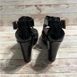 Tory Burch Annamarte Platform Wedge Sandals Size 6.5 Black Patent Leather Gold thumbnail 4