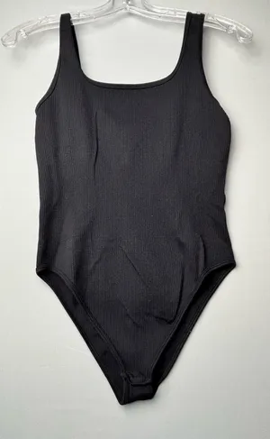 OQQ Black Ribbed Square Neck Bodysuit Medium | Stretchy Minimalist Tank Top thumbnail 1