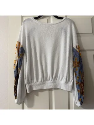 Free People M Medium White & Blue Shirt Top Floral Print Balloon Sleeves Boho thumbnail 15