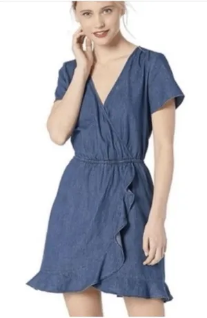 J. crew Merchantile Denim Chambray Faux Wrap Ruffle Hem Dress Size m thumbnail 1