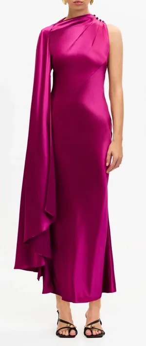 NEW ACLER Ropley satin cape Iris fuchsia maxi dress sz 10 thumbnail 1