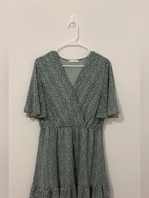 Kirundo Green and White Floral Print Knee Length Dress‎ Cottagecore Ruffle SZ L thumbnail 2
