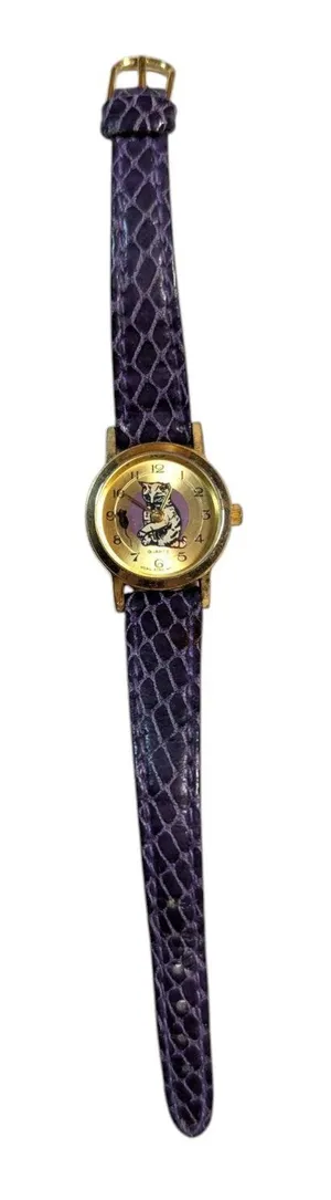 Vtg 1990s Purple Textured Leather Band Cat Mouse Gold Face Novelty Watch thumbnail 1