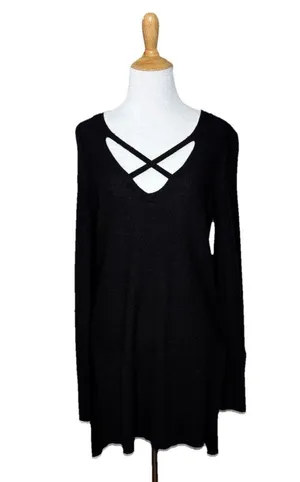 Free People Criss Cross Front Sweater Hi Lo Hem Slit Sleeve Cuffs Black Sz Large thumbnail 1