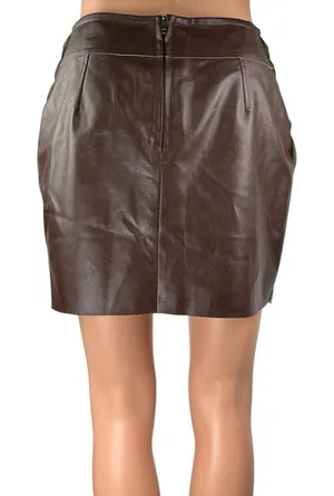 Commense Brown Faux Vegan Leather Mini Zipper Straight Pencil Skirt Size S thumbnail 1
