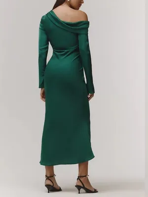 Nia Women’s Claire One Off Shoulder Emerald Green Long Sleeve Satin Midi Dress thumbnail 5