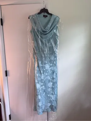 Betsy & Adam floral jacquard gown in dusty blue with a cowl neckline thumbnail 2