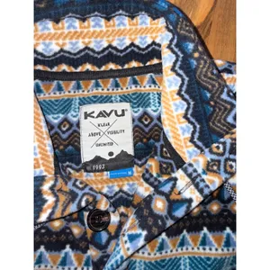 Kavu Fleece Pullover Women Medium‎ Blue Orange Geometric Aztec Button Up thumbnail 3