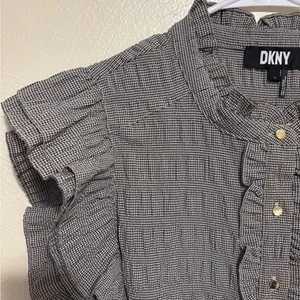 DKNY Black White Gingham Ruffle Flutter Sleeve Blouse Size L thumbnail 6