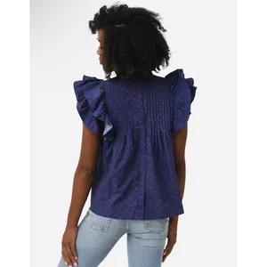 OLIPHANT Tuckernuck Pintuck Ruffle Button Blouse Top Blue‎ Print Size XS thumbnail 3