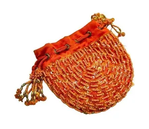 Orange beaded Indian drawstring jewelry/cosmetic pouch - beaded one side - desig thumbnail 1