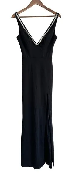 City Studio Black Formal Dress V-Neck Rhinestone Trim Maxi Gown Dramatic‎ Chic thumbnail 1