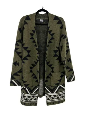 Frye The Cozy Cardigan Open Front Aztec Cardigan Sweater Large Olive Black thumbnail 1