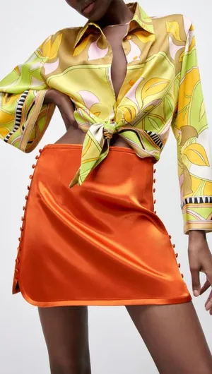 ZARA High-waisted Mini Orange BUTTONED SATIN EFFECT SKIRT Sz S thumbnail 1