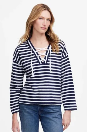 Madewell Top Womens Small‎ Blue White Lace Up Long-Sleeve Tee Stripe Navy NV911 thumbnail 1