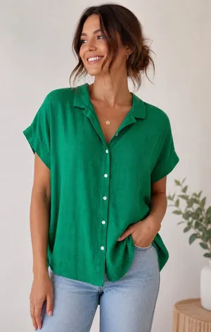 Lucky Brand Green Button Front Blouse Lightweight Textured cotton Top Size thumbnail 1