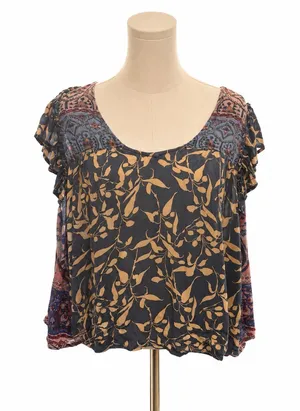 Easel Size Large Boho Mixed Print Flowy Blouse Top Blue Pink Floral thumbnail 1