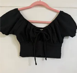 American Eagle Black Puff Sleeve Tie‎ Front Smocked Crop Top XS Cottagecore thumbnail 1
