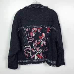 Foxiedox Floral Embroidered Fringe Tweed Jacket Dark Blue Women's Size Medium thumbnail 13