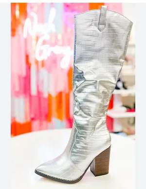 Nash Grey NIB Silver Cowgirl style trendy boots chunky heel women size 5.5 thumbnail 1