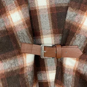 Denim & Co Heritage Plaid Cape Womens M Brown‎ White Fringe Buckle Closure thumbnail 5
