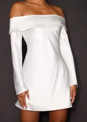 NEW Lulus Luxurious Vision White Satin Off-the-Shoulder Slip Mini Dress Small thumbnail 1
