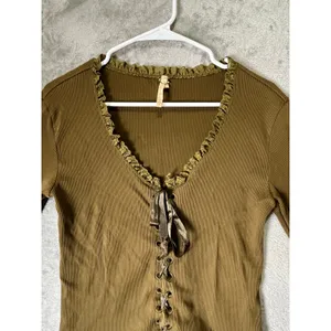 Vintage Y2K Brown Lace Up Long Sleeve Top Ruffle Trim Corset Front Fairy Grunge thumbnail 2