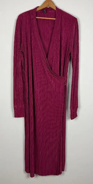 YAS Wrap Dress Womens Medium‎ Wine Maxi Long Sleeve Ribbed V-Neck Slinky Stretch thumbnail 1