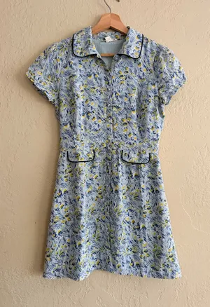 Light Blue Floral Midi Dress with Yellow and Navy Details thumbnail 1