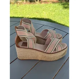 Tory Burch Pink Beige Striped Strappy Wedge Platform Slip-On Sandals Size 7M thumbnail 3