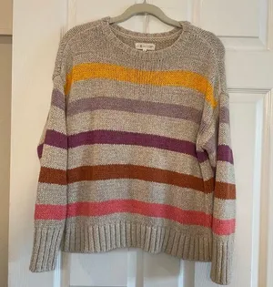 Lou & Grey & LOFT Sweater Womens LARGE Multicolor Chunky Knit Striped Pullover thumbnail 1