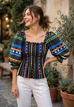 Conditions Apply Medium Multicolor Smocked Peplum Puff Sleeve Boho Blouse thumbnail 1