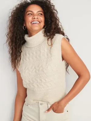 NEW Old Navy Sleeveless Cropped Cozy Plush-Yarn Cable-Knit Turtleneck Sweater L thumbnail 1
