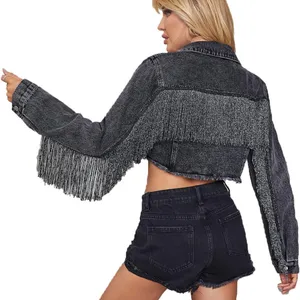 Chic Black Fringe Denim Jacket Size M thumbnail 2